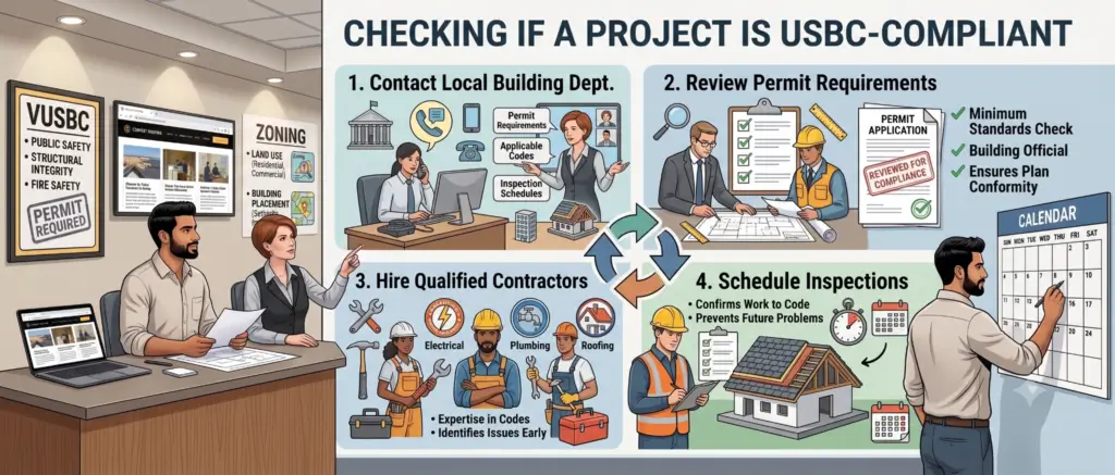 Infographic showing a four-step process for checking a project's USBC compliance.